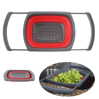 

Collapsible Silicone Colander Square Over The Sink With Handle Fruit Vegetable Washing Foldable Strainer Basket Kitchen Tool