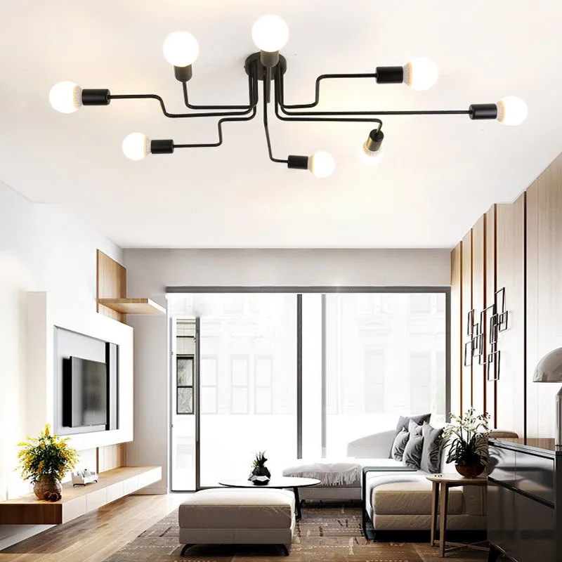 

Modern Ceiling Light E27 Bulb 8 Heads Vintage Multiple Rod Dome Night Lamps Wrought Iron For Living Room Home Lighting Fixtures