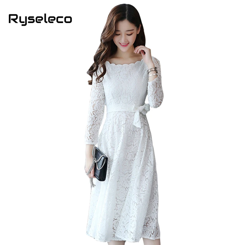 Ryseleco Women's Retro Crochet Floral Lace Long Sleeve Vintage Bridesmaid Party Dress Female White Black Midi Flare Vestidos XXL long-white-lace-dress