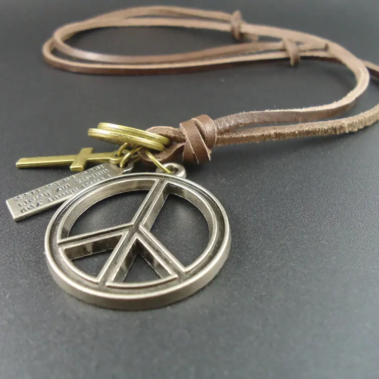 

2015 New Christmas Gift Long Genuine Leather Men Jewelry World Peace Pendants Vintage Necklace for Women