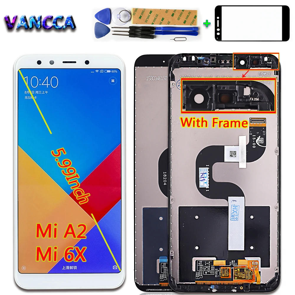 

Vancca Touch Screen For Xiaomi Mi 6X / A2 LCD Display 5.99 Inch Digitizer Assembly Frame with Oleophobic Coating 10-Point Touch