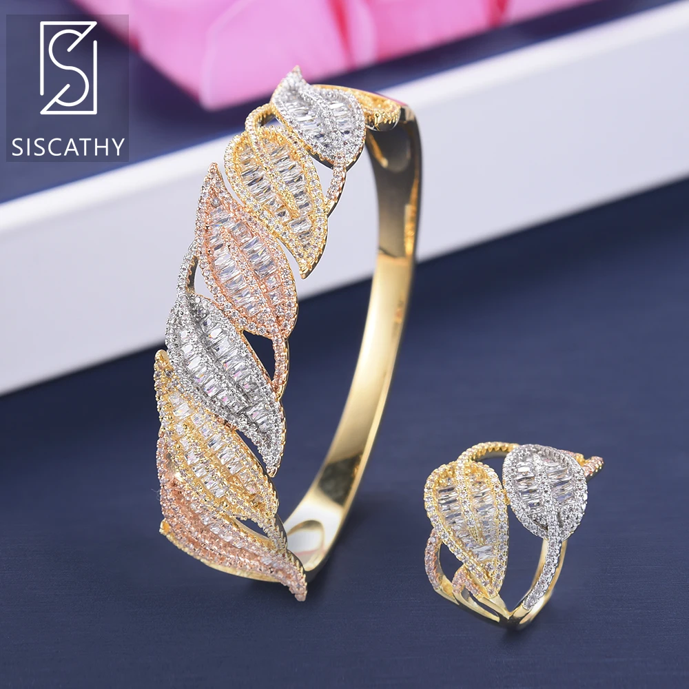 

SISCATHY Deluxe Wide Band Bangle Leaf Branch Shape Three Tones Cubic Zirconia Inlaid Bridal Wedding Bracelet Ring For Women