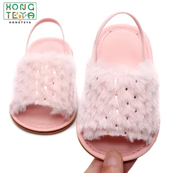 

Baby Girl Slipper Sandals Summer Soft Hair Bling Style Breathable Baby Fur Shoes Simple Elastic Sandals Sequin Baby Girl Shoes