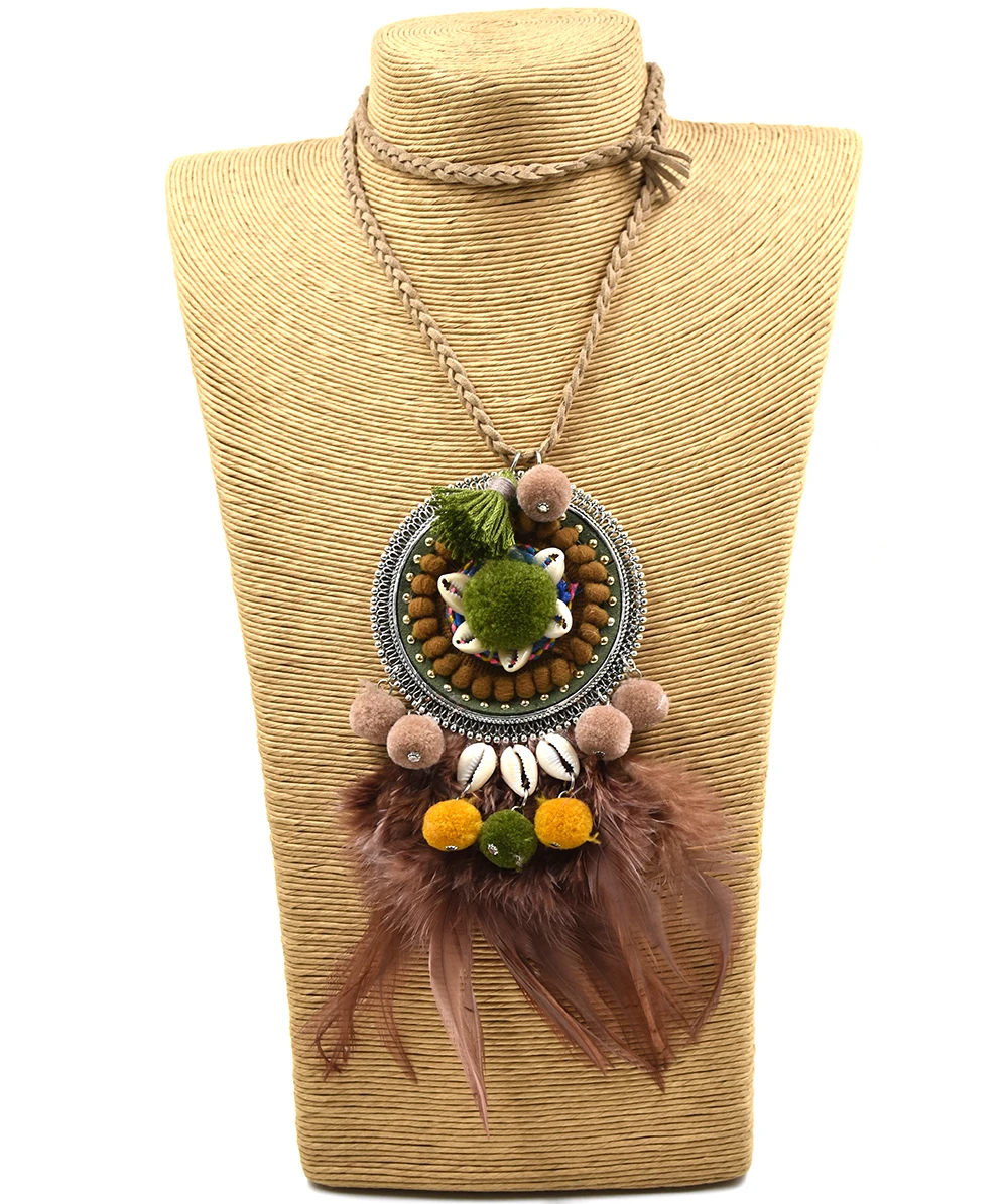 2017 New Bohemian handmade Feather Tassel Pendants long Necklace leather cord Pompous ball charm pendants neclace