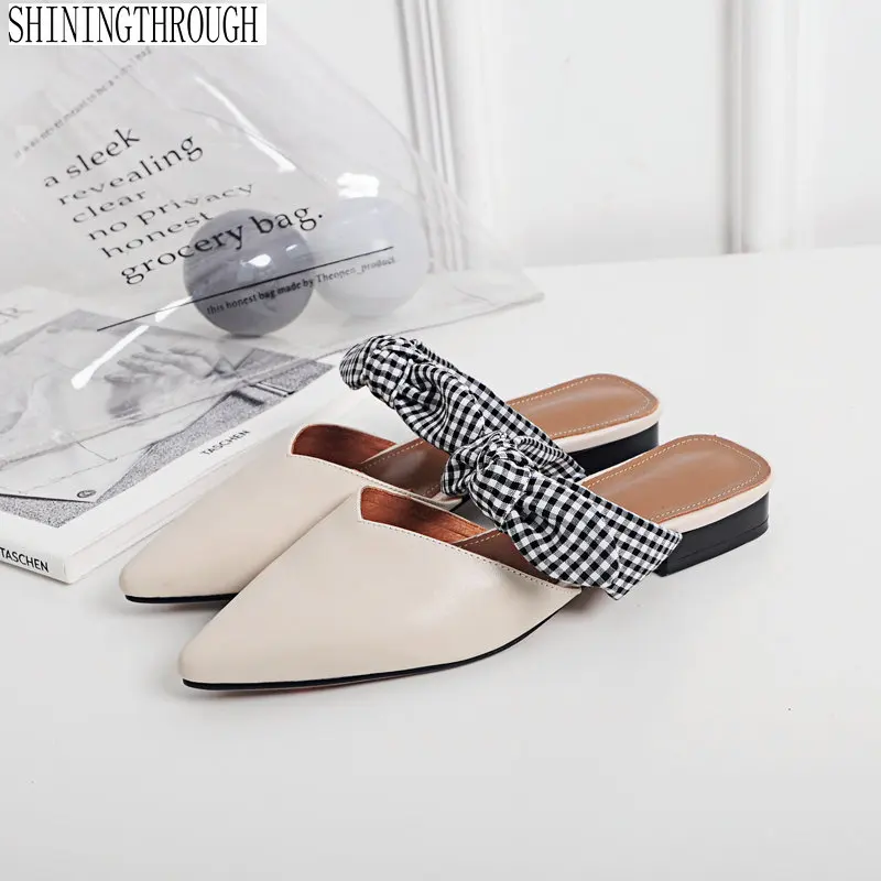 

Brand Star cow Leather Flip Flops Mules Slippers Slides Low Thick Heels Sandalias Femme Ladies Shoes Summer Slipper