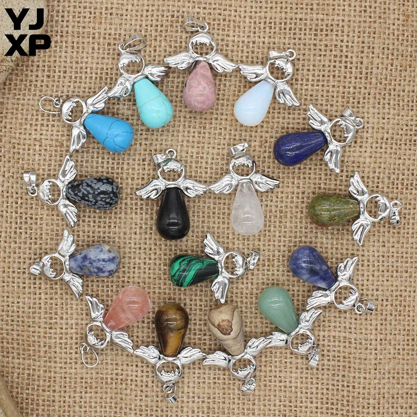 

YJXP Classic Silver Plated Angel Wings Water Drop Shaped Natural Purple Amethysts Rose Pink Quartzs Cute Pendant Charms Jewelry