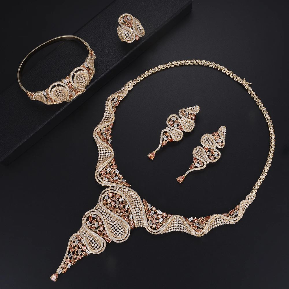 

missvikki 4 PCS Big Pendant Dubai Jewelry Sets Luxury Bridal Wedding Bangle+Earrings +Necklace+Ring Jewelry Set Full CZ Crystal