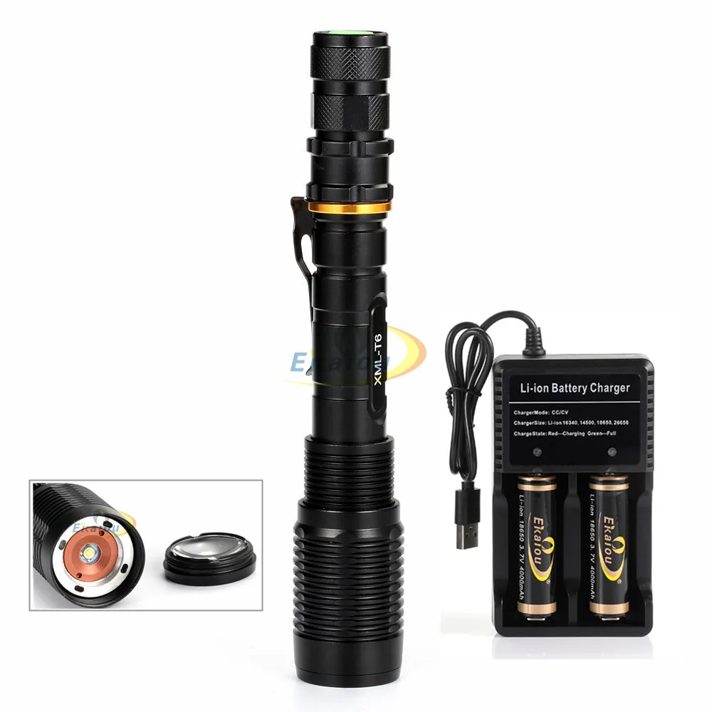 Goedkoop LED zaklamp zaklamp XM L T6 6000 LM 5 Mode Zoomable zaklamp Clip lamp tactische zaklamp + 18650 Batterij en USB charger KIT