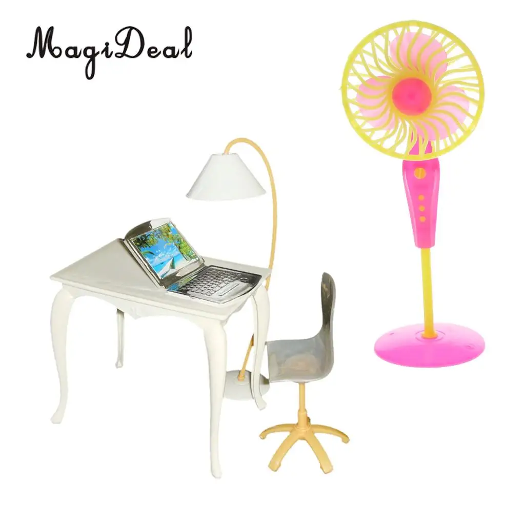3Pcs Plastic Miniature Office Desk Chair Floor Fan Play Set for Action Figures Dolls House Garden Bedroom Furniture Decor Accs