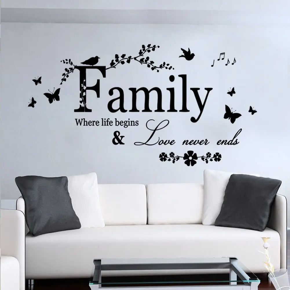line Shop Family Where Life Begins Quote Flower Butterfly Mural Wall Sticker Words Decal