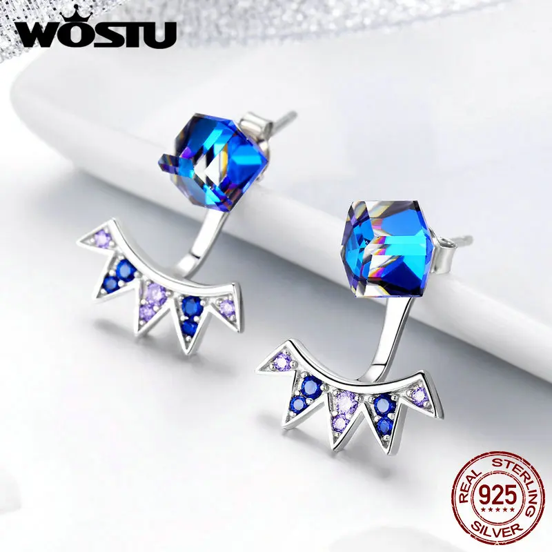 

WOSTU European Dazzling Crystal Stud Earrings 925 Sterling Silver Blue Zircon Earrings For Women Wedding Fine Jewelry FIE544