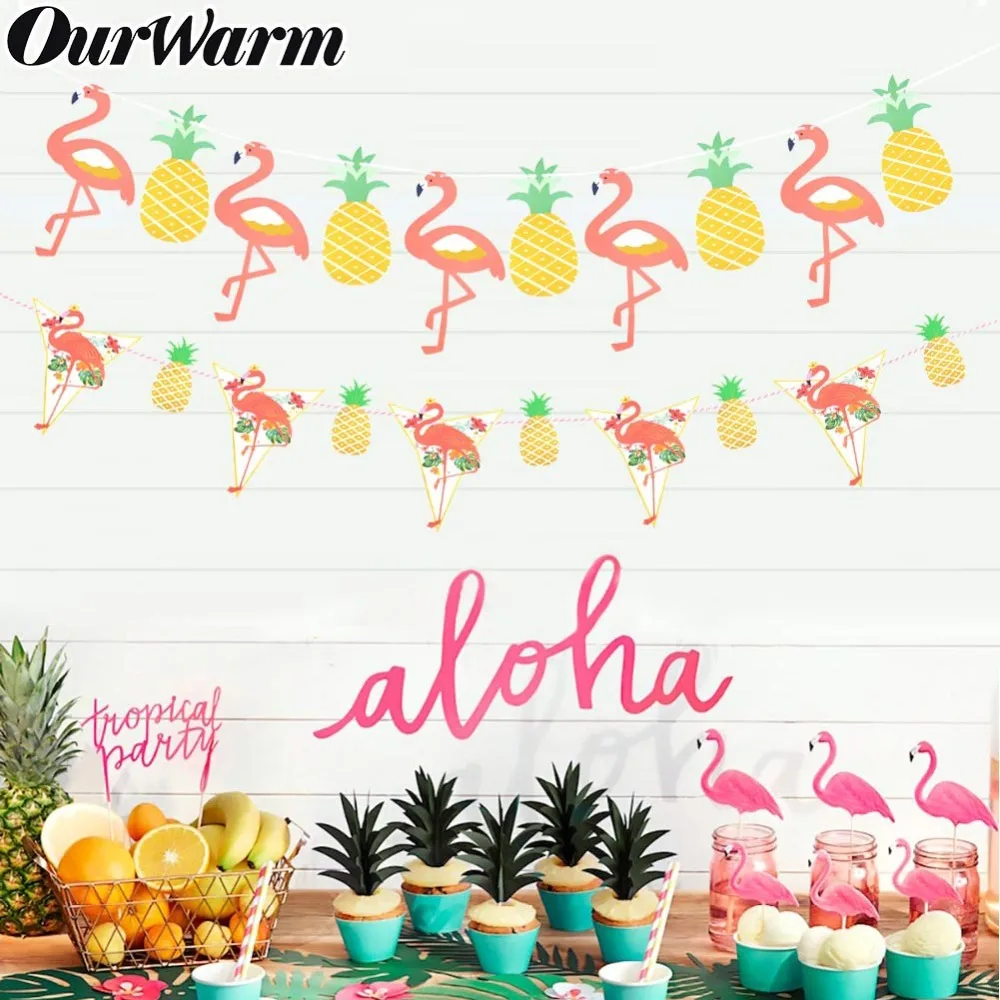 

OurWarm Hawaii Flamingo Pineapple Banner Flag Bunting Garland Party Favors Birthday Hawaiian Luau Summer Party Supplies Decor