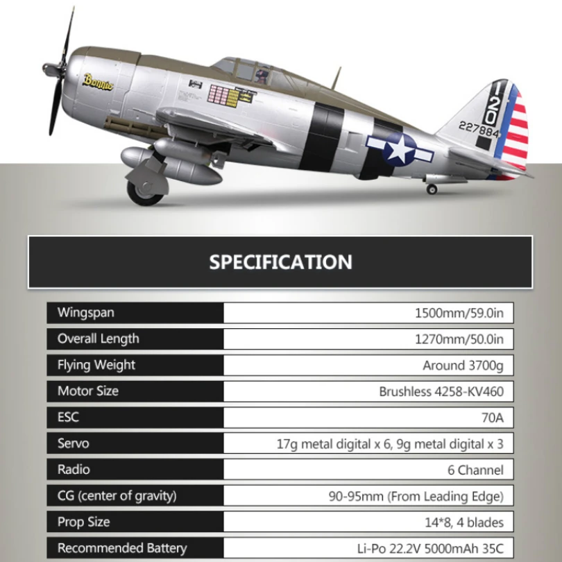 Радиоуправляемый самолет FMS 1500 мм 1,5 м P47 P-47 Razorback 6CH с втягиванием светодиодный 6S EPO PNP масштаб Gaint Big Warbird модель самолета