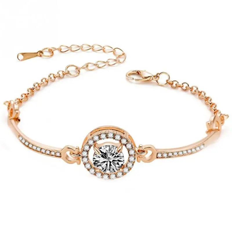 

Fashion Style Trendy Woman Alloy Rhinestones Rose Gold Bracelet Simple Round Crystal Jewelry Accessory for Women Girls
