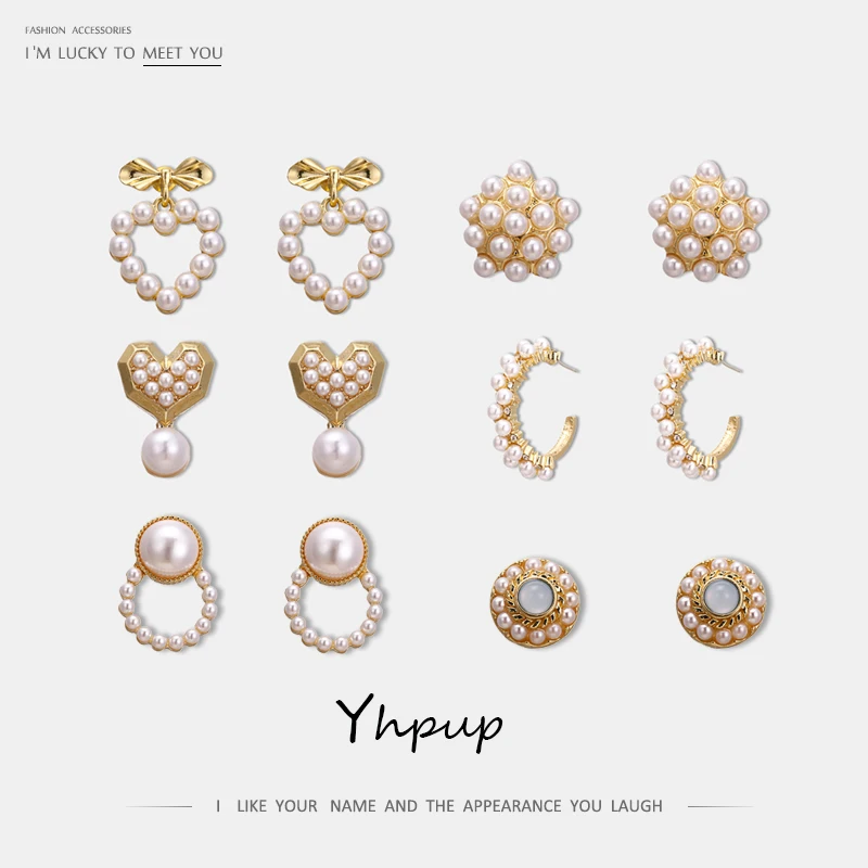 

Yhpup 6 Style Trendy Imitation Pearls Heart Geometric Earrings Baroque Elegant Statement Jewelry for Girl Party Oorbellen Gift