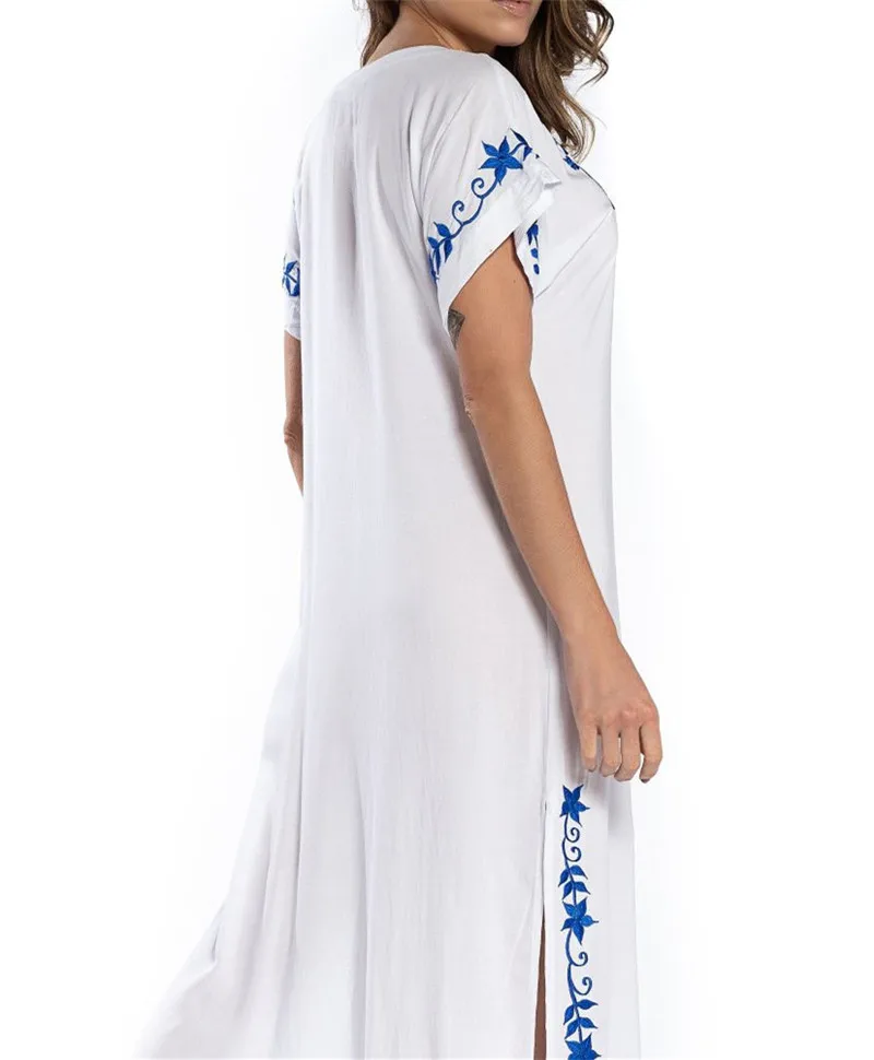 Индийское народное вышитое с коротким рукавом боковое длинное летнее пляжное платье хлопковая Туника женская пляжная одежда кафтан саронги N790