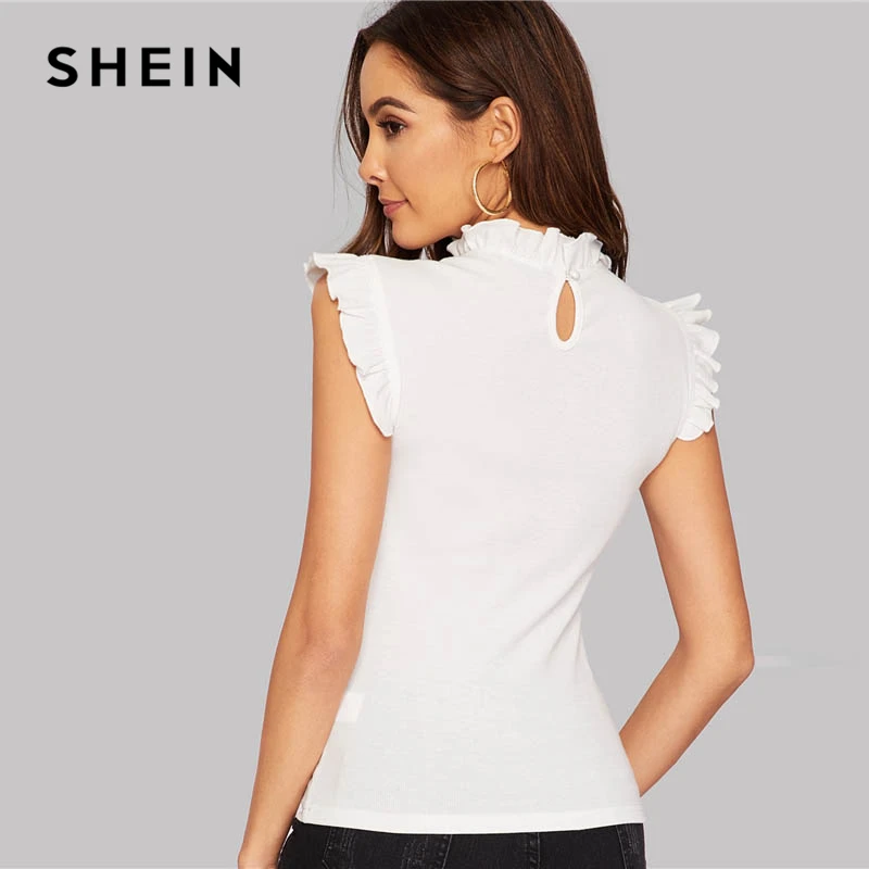  SHEIN Frilled Trim Keyhole Back Slim Fitted Tee Sleeveless T-shirt Women Summer Elegant Solid Stand
