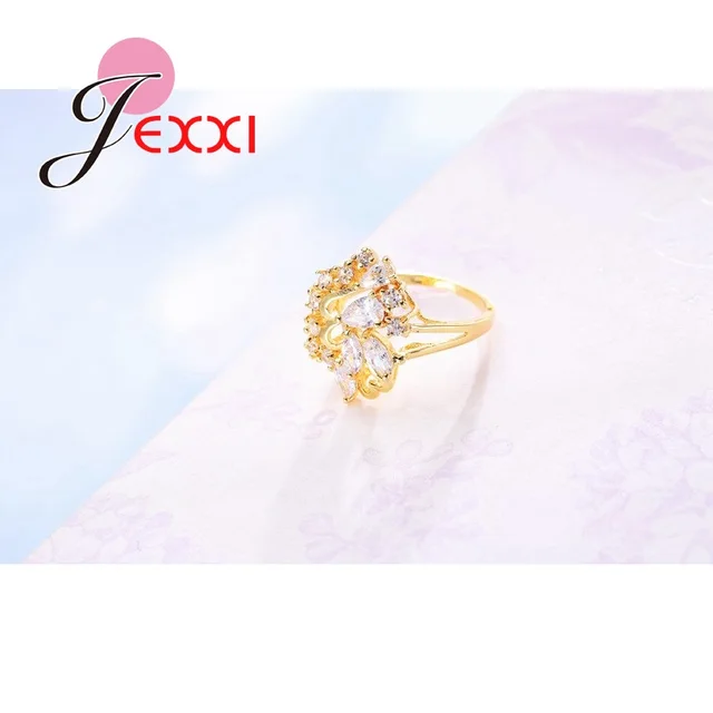 JEXXI Leaves Style  Gold Filled Rings For Women Cubic Zirconia Crystal Ring Luxury Wedding Fashion Jewelry Engagement Rings