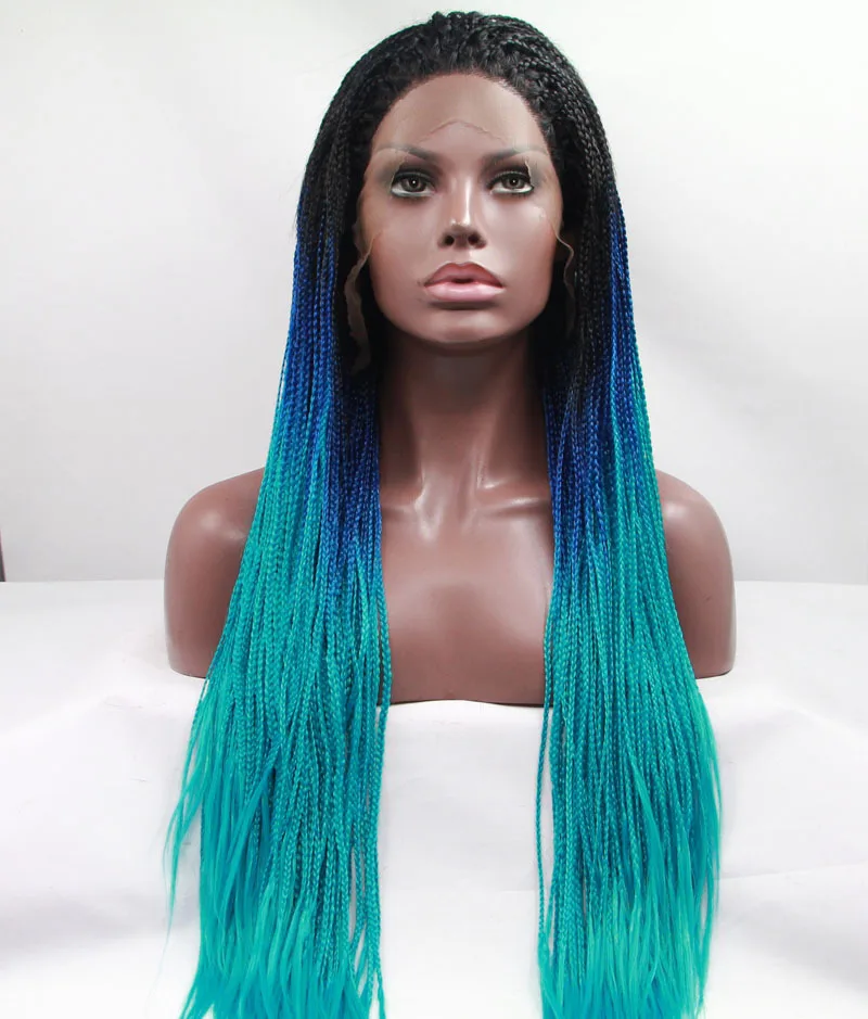 

fashion black/blue/green ombre micro braided synthetic lace front wigs for black woman high quality multicolor braiding wigs