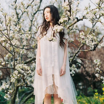 

Mori Girl Style Vintage Lolita Art chiffon net yarn stitching lace Two-piece the cardigan vest dress white black color dress