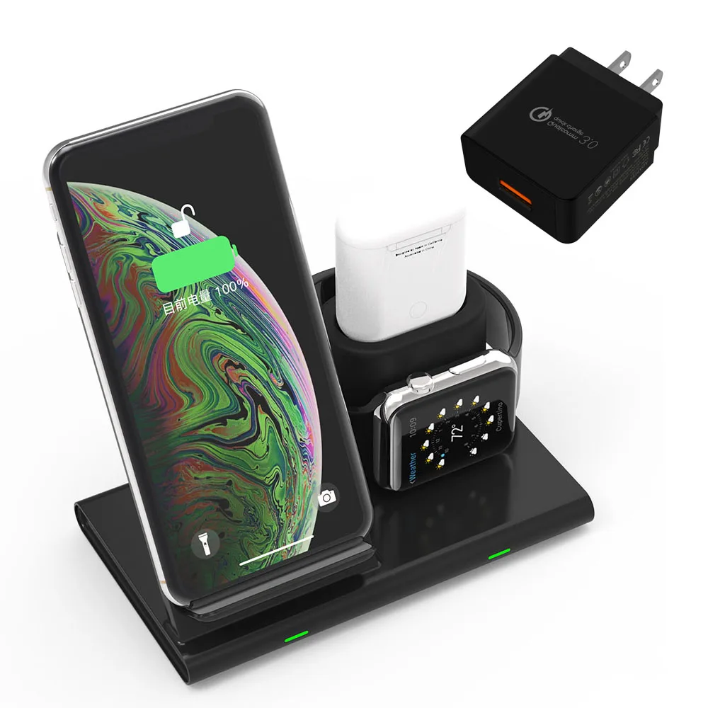 

Qi Wireless Charger 3 in 1 Stand 10W Fast Charging Holder For Airpods Apple Watch For iPhone X XS MAX XR 8 Plus Charging Station