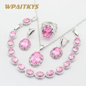 

Pink Cubic Zirconia Silver Color Jewelry Sets Necklace Pendant Earrings Bracelets Rings For Women Free Gift Box WPAITKYS