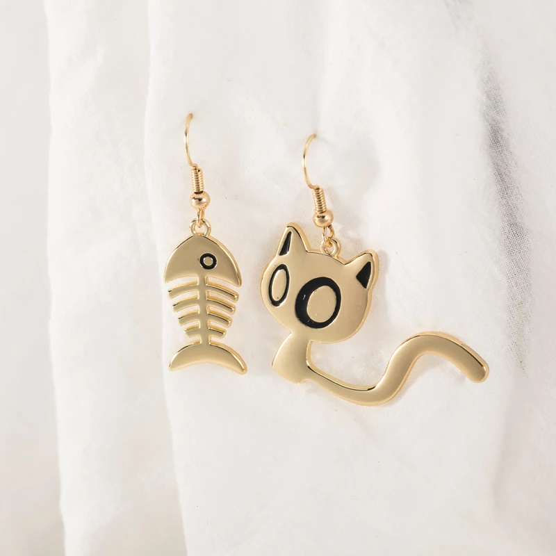 

Timlee E211 Free Shipping Personality Cute Cat Fishbone Asymmetric Alloy Drop Earring Fashion Accessories wholesale