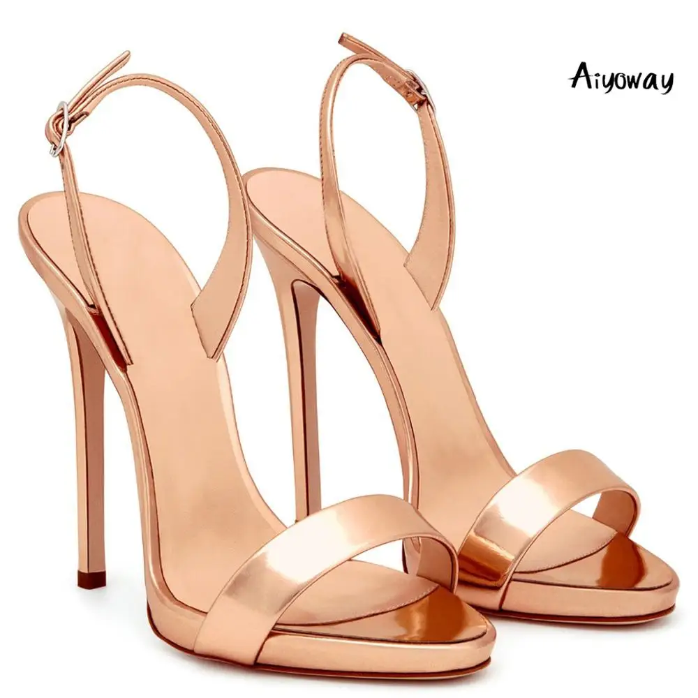 

Peep Toe High Heels Sandals Ankle Patent Leather Buckle Straps Spring Summer Lady Party Wedding Gold Black Aiyoway Women Shoes