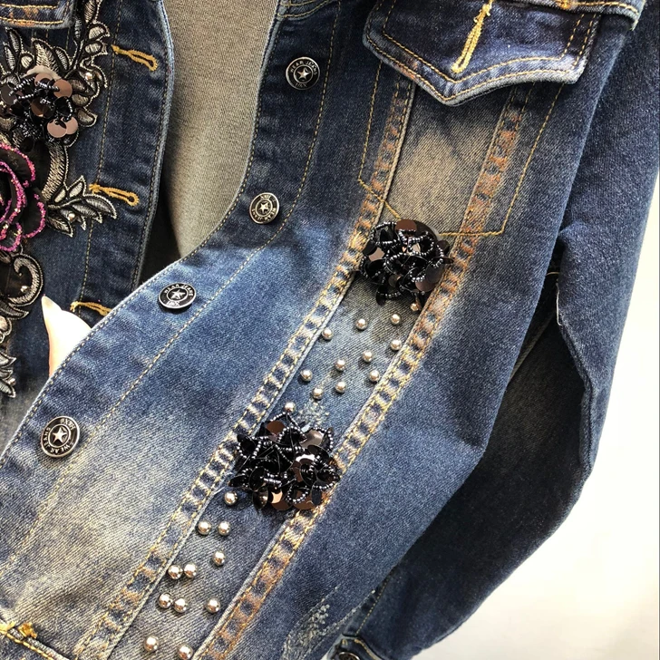 2019 Spring Autumn Woman Long-sleeve Denim Jackets Embroidered Coat + Dark Blue Retro Jeans Two Piece Sets Slim Pencel Pants Set plus size pjs