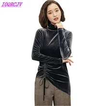 Золотой бархат футболка Для женщин осень-зима с высоким воротником, топы с длинными рукавами, футболки с высоким воротником, из флока теплые Футболка IOQRCJV Q111