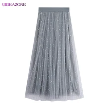 UIDEAZONE, новинка, вышитая бисером сетчатая юбка в складку, высокая талия, эластичные,, лето, весна, женская новая, в горошек, макси юбка-пачка