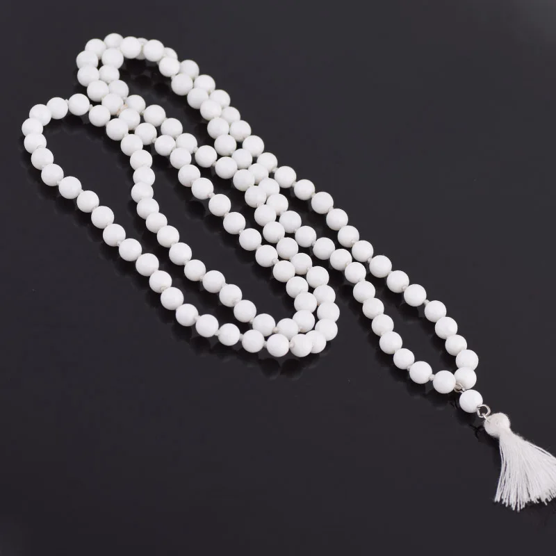 Exclusive Smooth White Bead 6MM Natural Stone Long Tassel Necklace