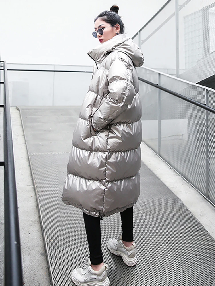 Long Silver Jackets Women Parka Winter Warm Outerwear Fashion Bright Cotton Coat Ladies Winter Loose Down Jacket Thick T399