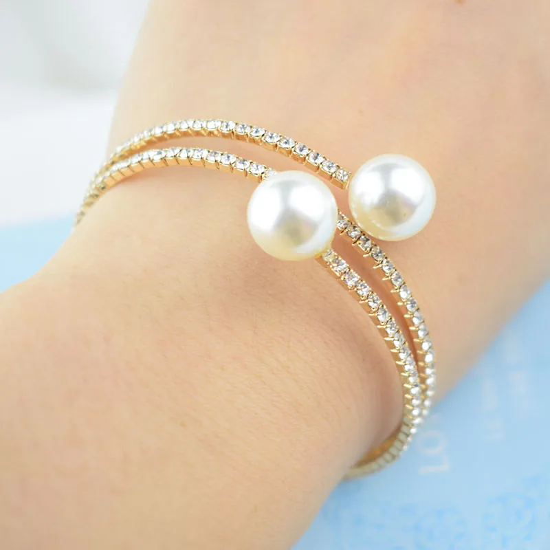 Bangle bracelet crystal bracelets Fashion Imitation Pearl Crystal Bracelet Ladies Gold Silver Plated 1/2 Row Rhinestone Cuff Bracelet for Gift