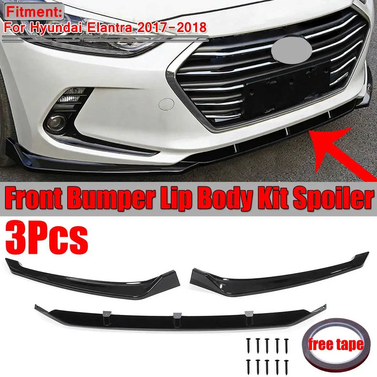 Front Bumper Lip Compatible With 2021-2022 Hyundai Elantra 4-Door Sedan IKON MOTORSPORTS Carbon Fiber Print PP Polypropylene 3PC Chin Spoiler Body Kit Splitter 