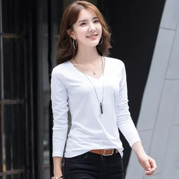 

Korean Style New 2018 Spring Women's Fashion Slim Brief Cotton Sexy V-Neck T Shirt Tops Ladies Cute Wholesale Soft Shirts Tees