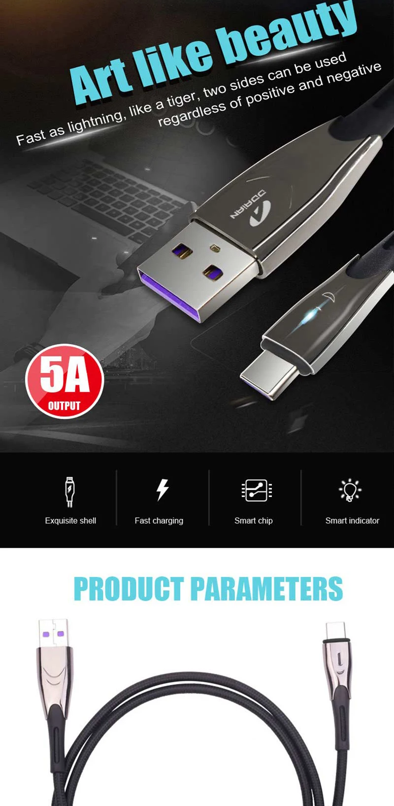 Ddaian 5A USB кабель светодиодный Quick Charge QC3.0 USB кабель для huawei samsung Xiaomi type C кабель