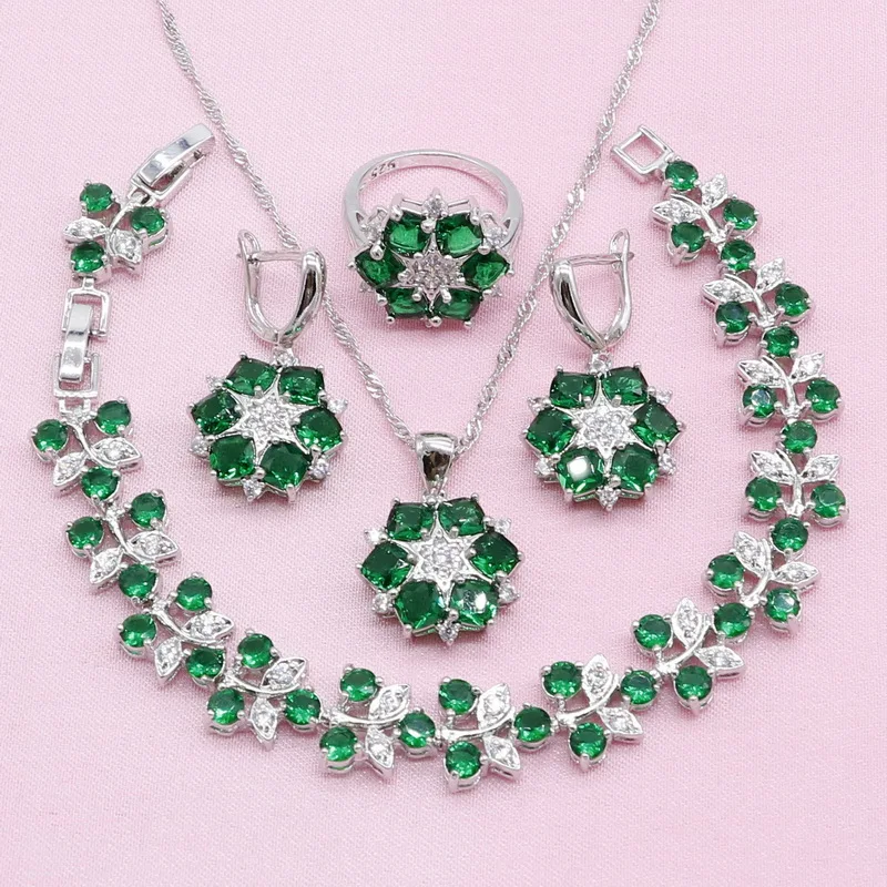 Green Semi-precious Silver Color Jewelry Sets For Women Earrings Bracelet Pendant Necklace Ring Gift Box 2019 New | Украшения и