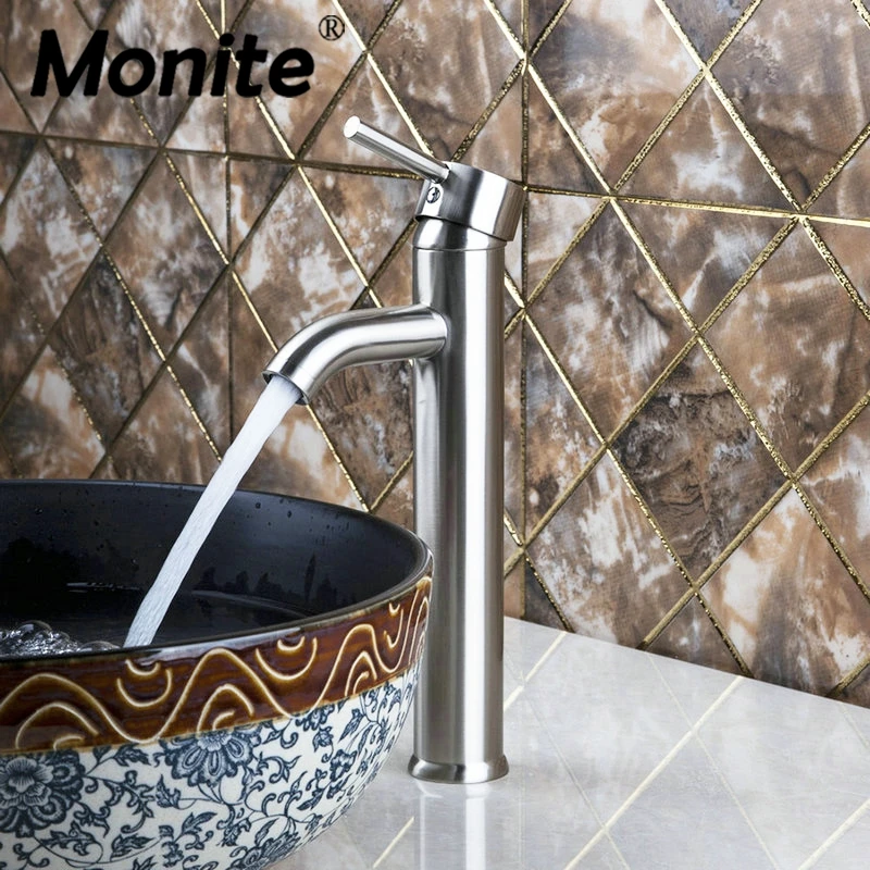 

Monite Brushed Nickel Tall Bathroom Deck Mount Single Handle Wash Basin Sink Vessel Torneira Tap Mixer Faucet