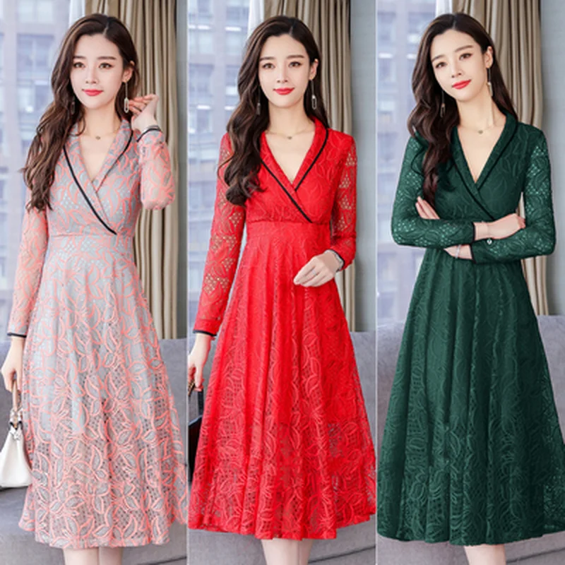 

Summer Women's Lace Boho Solid Color Cutout V-neck Long Sleeve Dress 2019 New Korean Retro Slim Sexy Slim Elegant Dress Vestidos