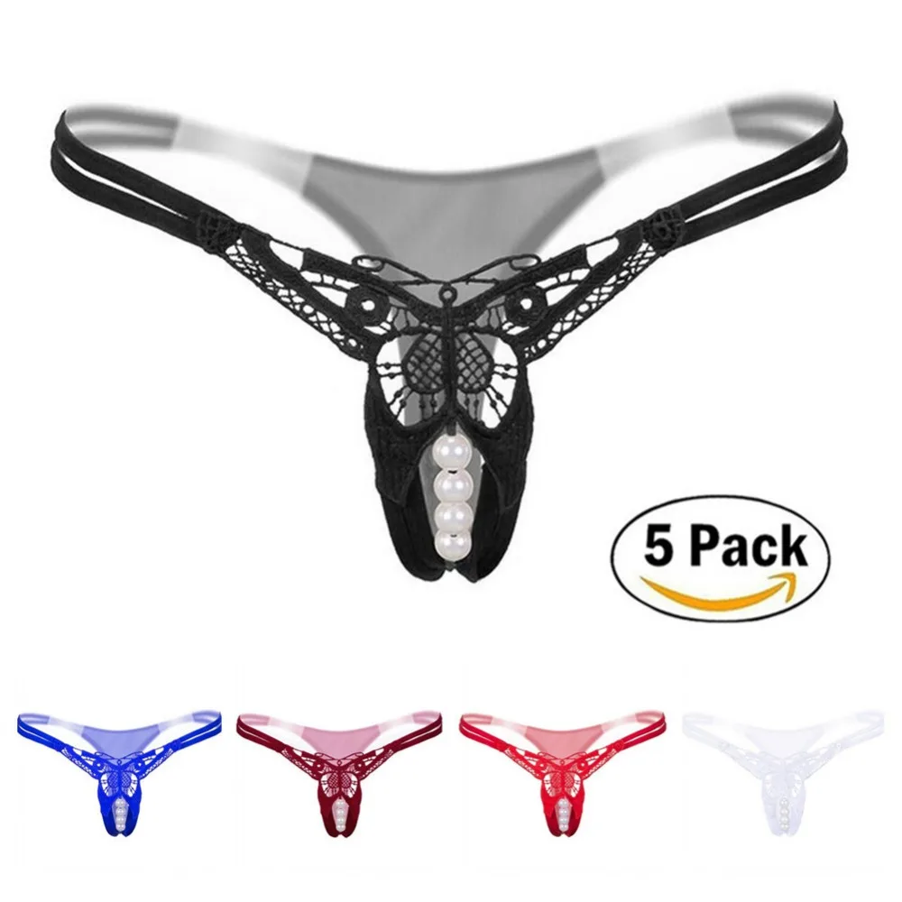 5 Pack Womens Sexy Underwear Pearl Panties Flower Embroidery Thongs