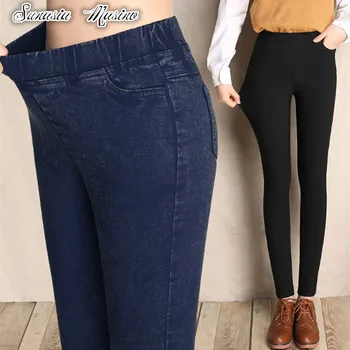 

2018 winter yards imitation jeans pants elastic waist pants ladies vintage autumn pencil thin skinny jeans plus size women pants