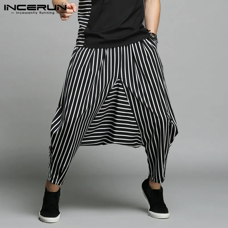

Mens Striped Patchwork Harem Pants Irregular Loose Wide Legs Men's Cross-pants Drop Crotch Dance Hiphop Streetwear Trousers 5XL