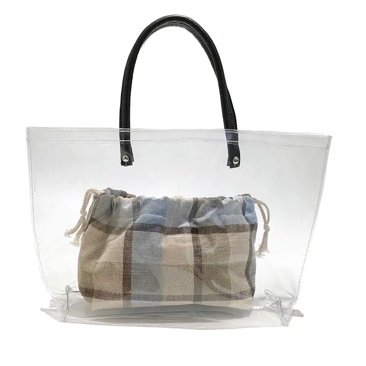 

Summer travel shoulder bag transparent jelly bag women's large-capacity fashion plaid handbags new mother beach bag
