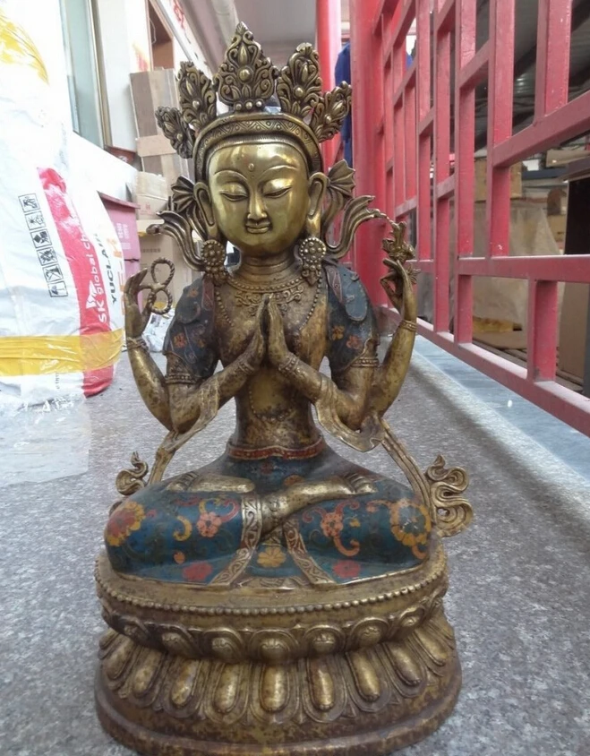 

fast shipping USPS to USA S1318 19" China Bronze Gilt Cloisonne 4 Arms Chenrezig Buddha Kwan-Yin GuanYin Statue