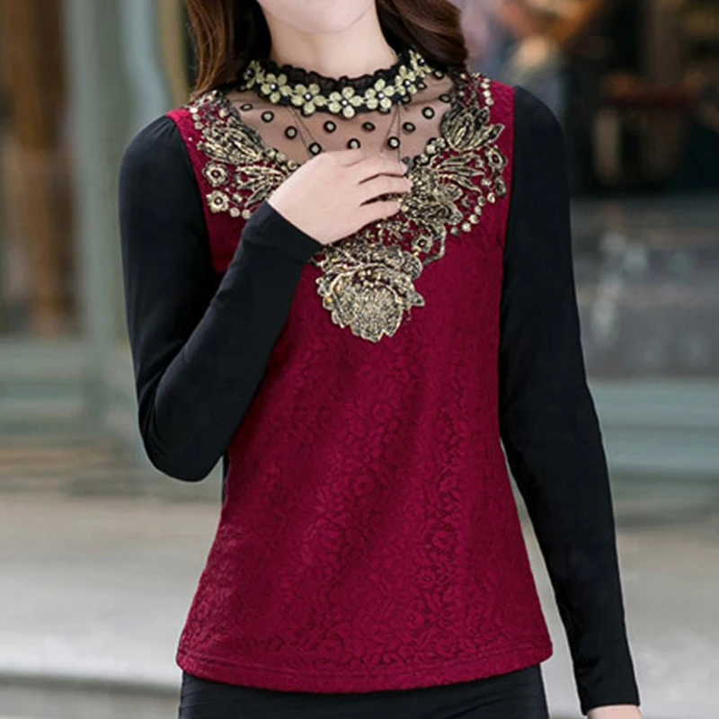 

New 2017 Hot Sale Fashion Turtleneck Floral Cotton Long Sleeve Chiffon Shirt All-match Plus Size Hollow Women's Blouses 13B 23