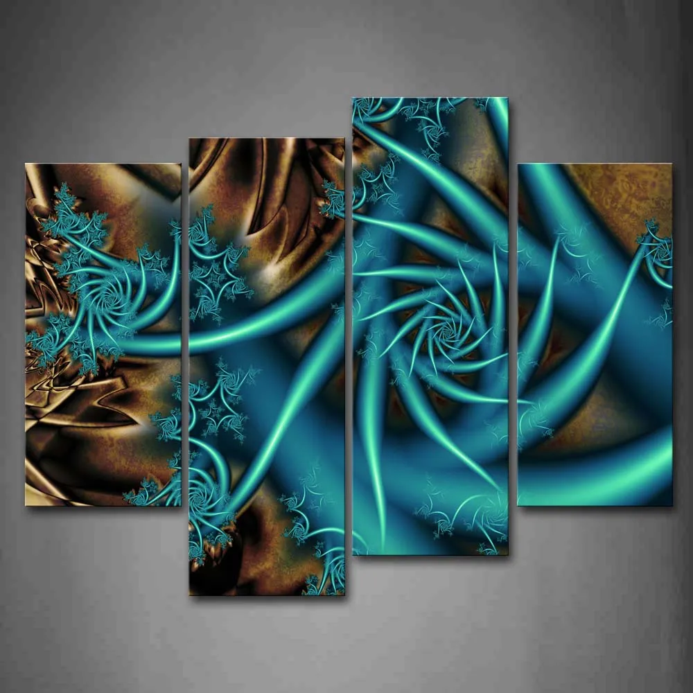 

Framed Wall Art Pictures Fractal Blue Spiral Brown Canvas Print Abstract Modern Poster With Wooden Frame For Living Room