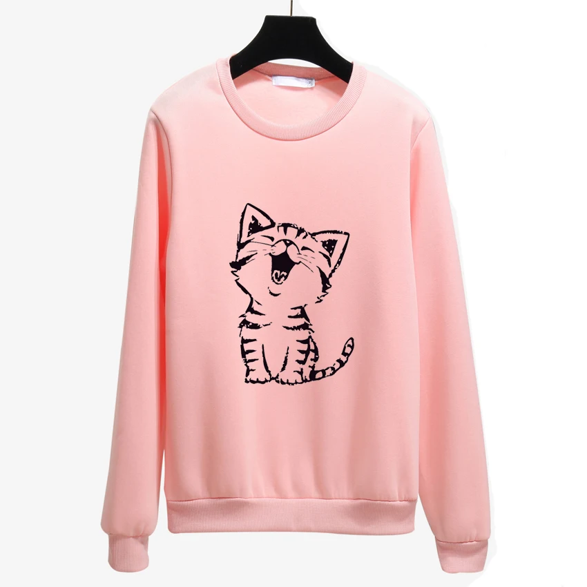 Cute Happy Cat Harajuku Hoodies Women Sweatshirt Autumn Winter Loose Pink Pullover Long Sleeves