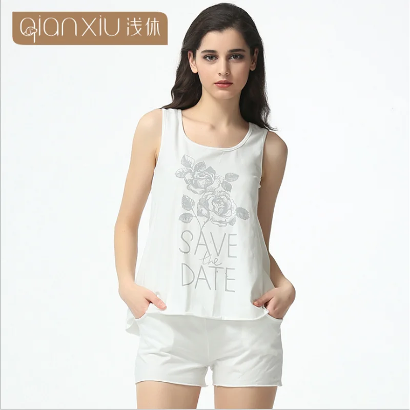 

2019 Summer Top Quality Homewear Female Casual pajama sets Women O-neck collar Vest shirt + shorts Ladies Cotton sleepwear suit