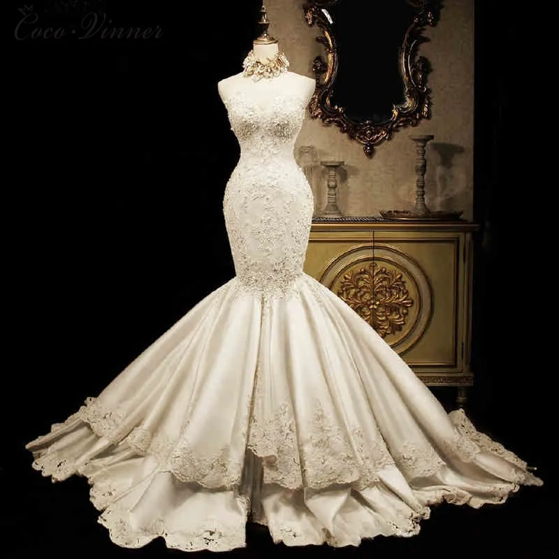 

C.V Quality Satin Mermaid Wedding Dress 2019 Fashion Luxury FishTail Slim Waist Court Train Plus Size Beading Wedding Gown W0020
